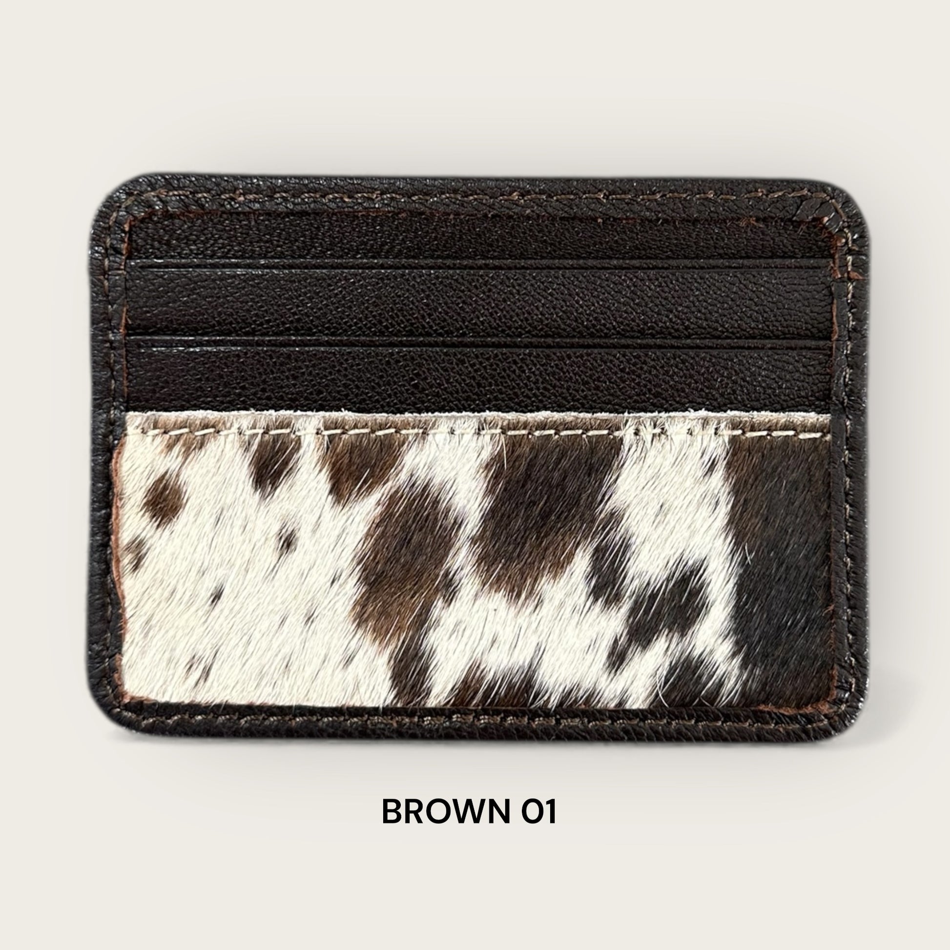 Cowhide and Leather Card Holder with ID window in Brown and White
