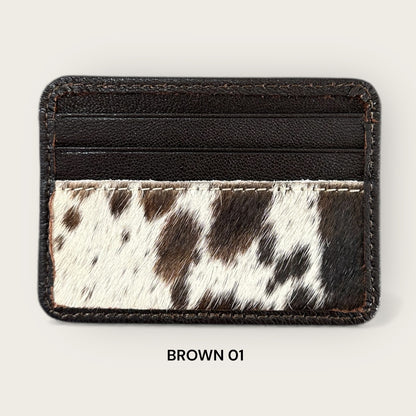 Cowhide and Leather Card Holder with ID window in Brown and White
