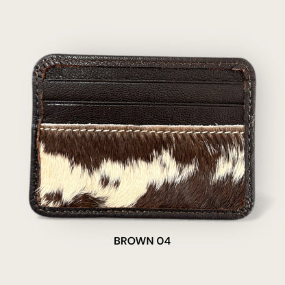 Cowhide and Leather Card Holder with ID window in Brown and White