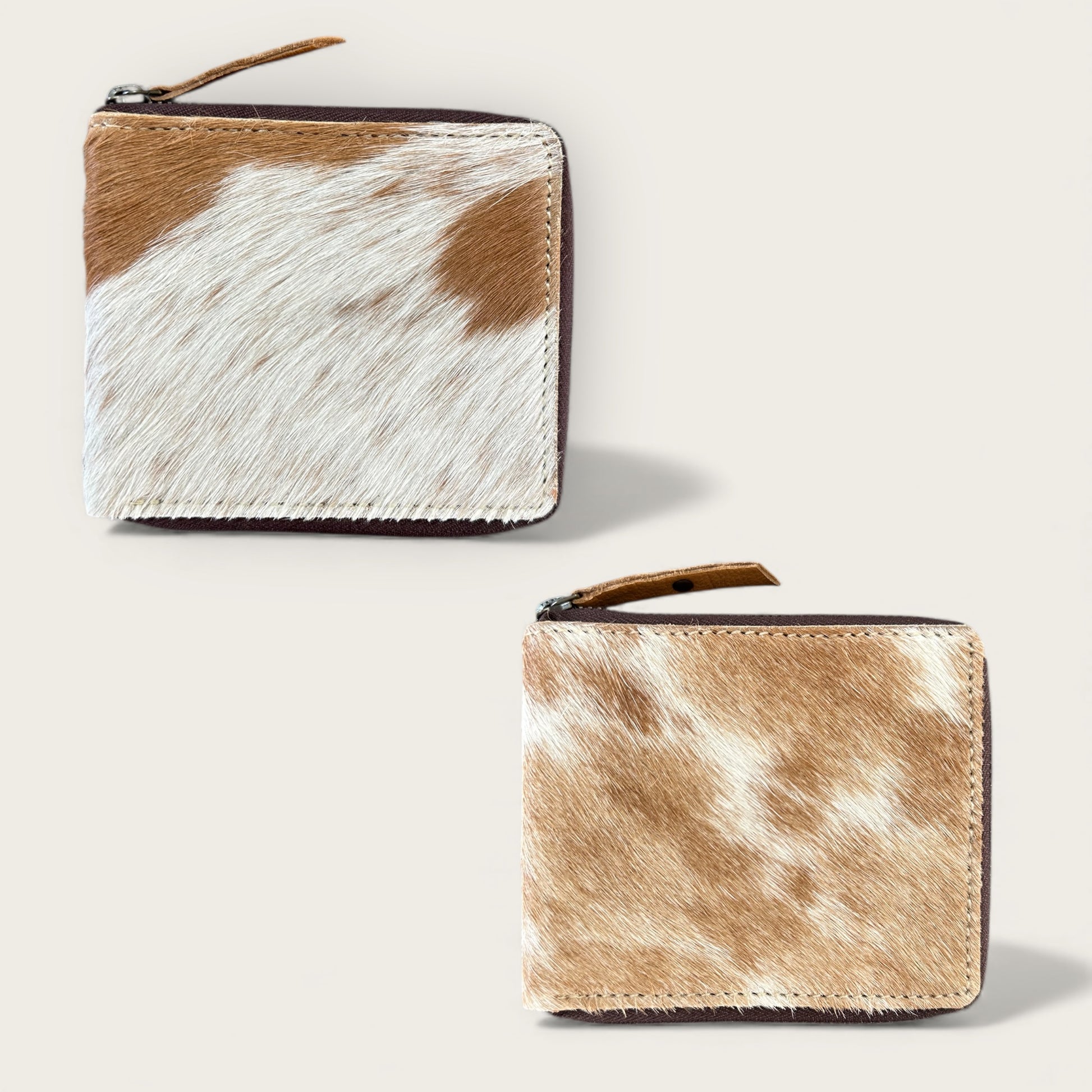Unisex Leather and cowhide wallet in tan and white