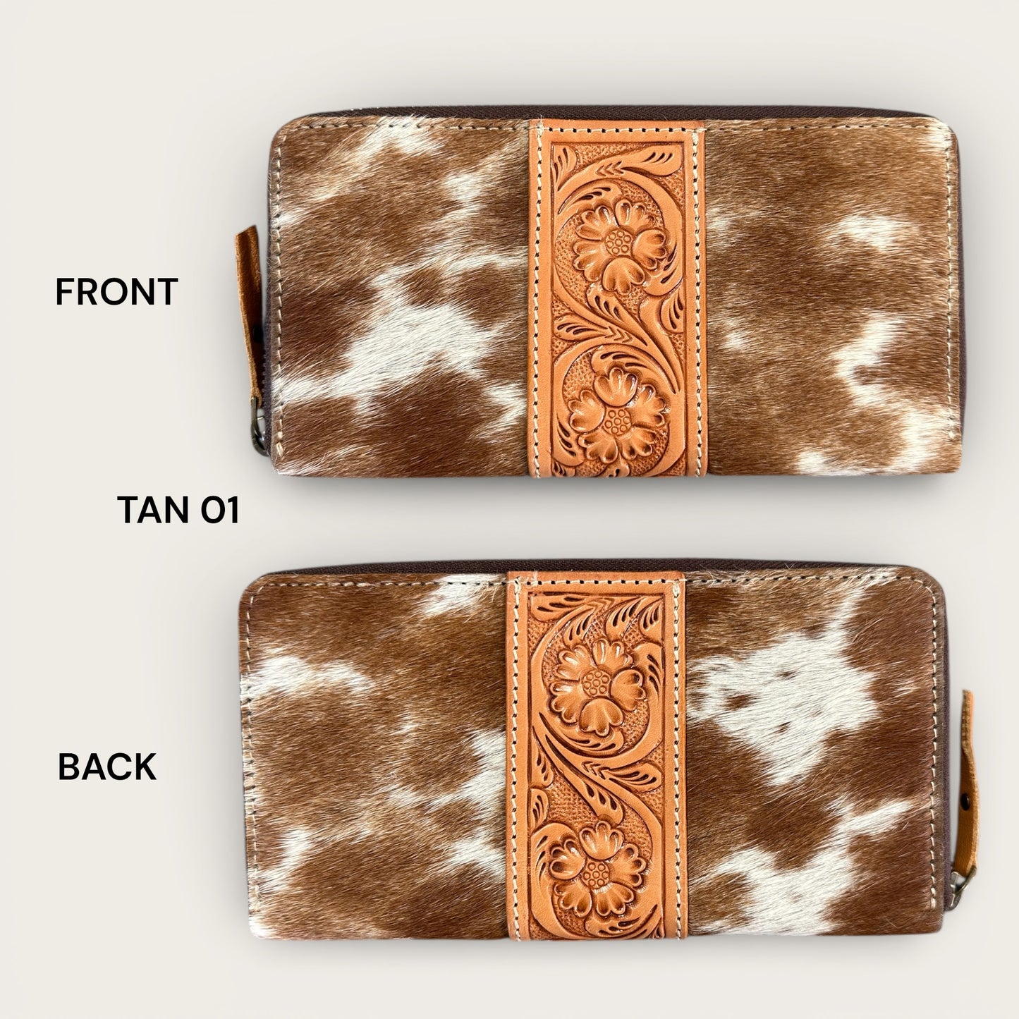 Large Cowhide and Leather Wallet with Tooling Details in Tan and White