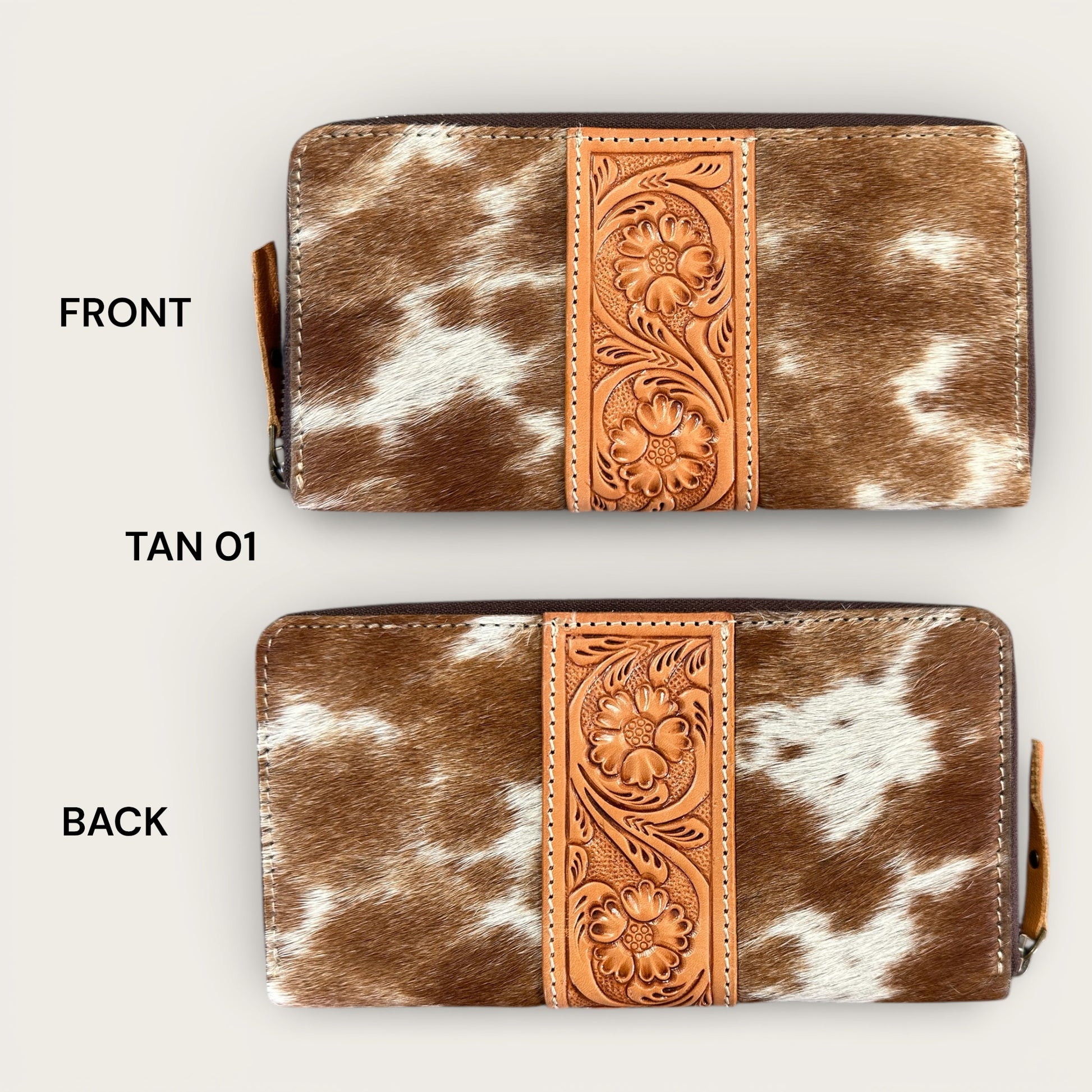 Large Cowhide and Leather Wallet with Tooling Details in Tan and White