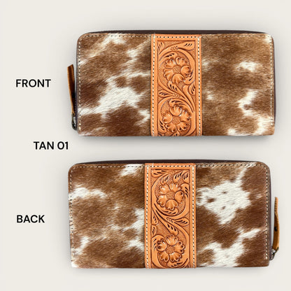 Large Cowhide and Leather Wallet with Tooling Details in Tan and White