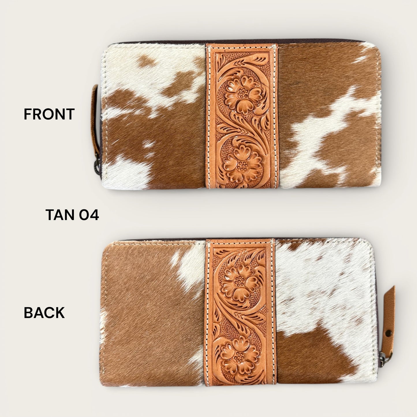 Large Cowhide and Leather Wallet with Tooling Details in Tan and White