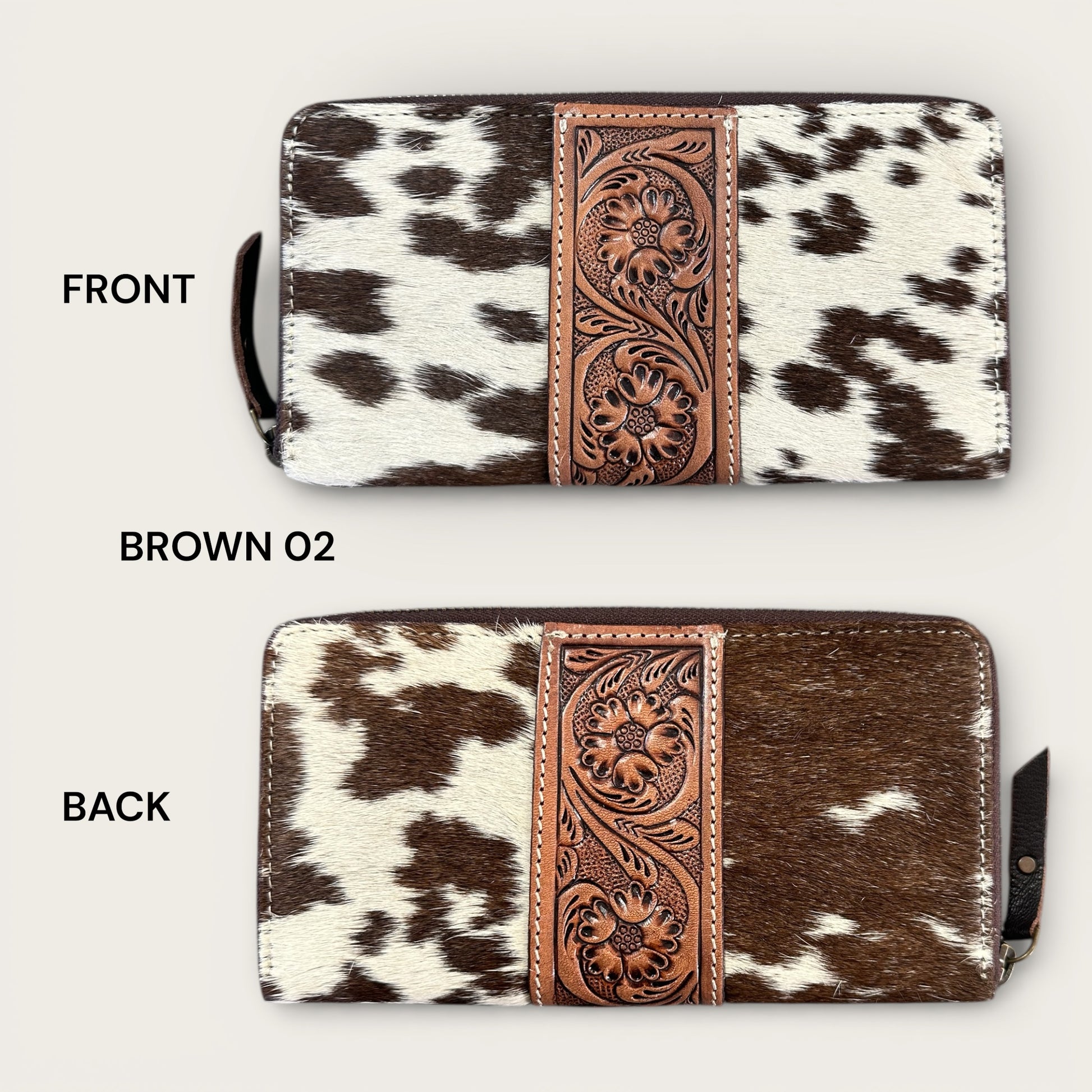 Large Cowhide and Leather Wallet with Tooling Details in Brown and White