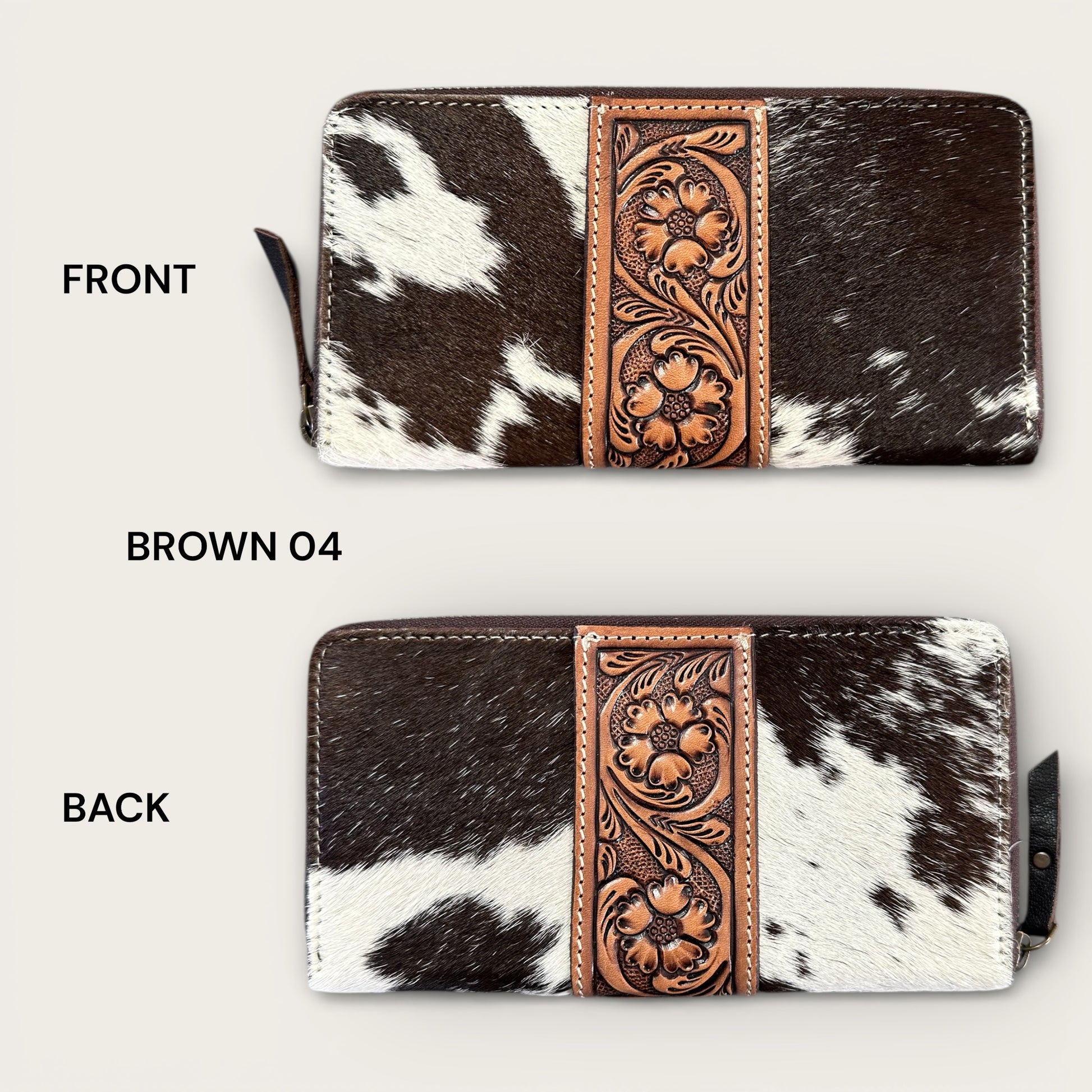 Large Cowhide and Leather Wallet with Tooling Details in Tan and White