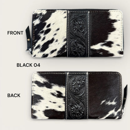 Large Cowhide and Leather Wallet with Tooling Details in Black and White