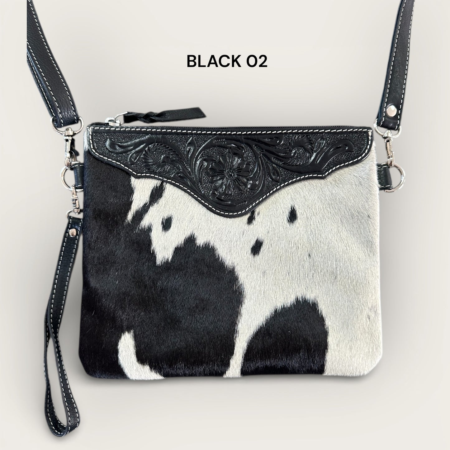 Black and White Cowhide and Leather Bag with Tooling Details 