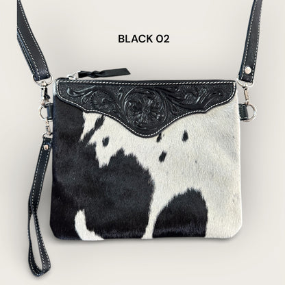 Black and White Cowhide and Leather Bag with Tooling Details 