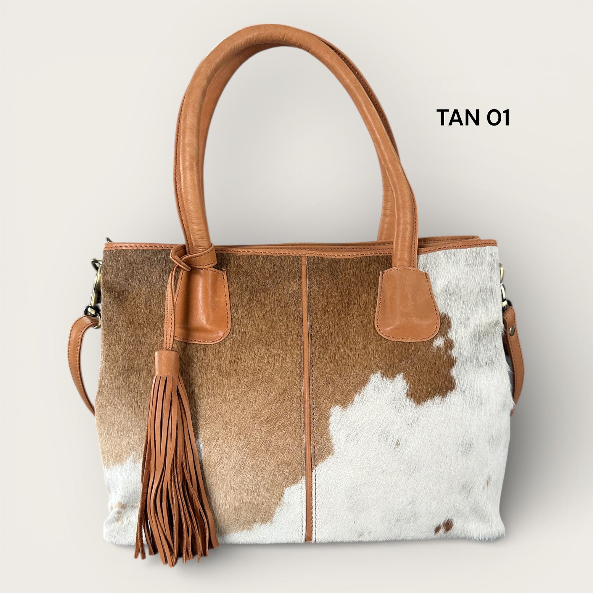 Large Cowhide Handbag with Leather - Tan