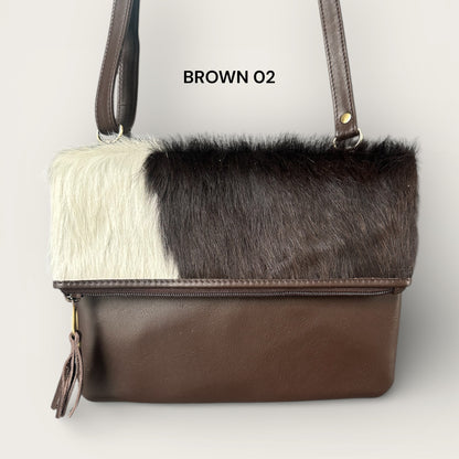 Cowhide & Leather Handbag with detachable hand strap in brown