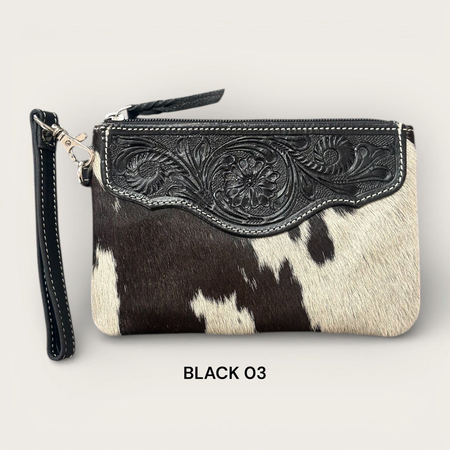 Black and White Cowhide and Leather Clutch with Tooling Details