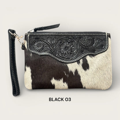 Black and White Cowhide and Leather Clutch with Tooling Details