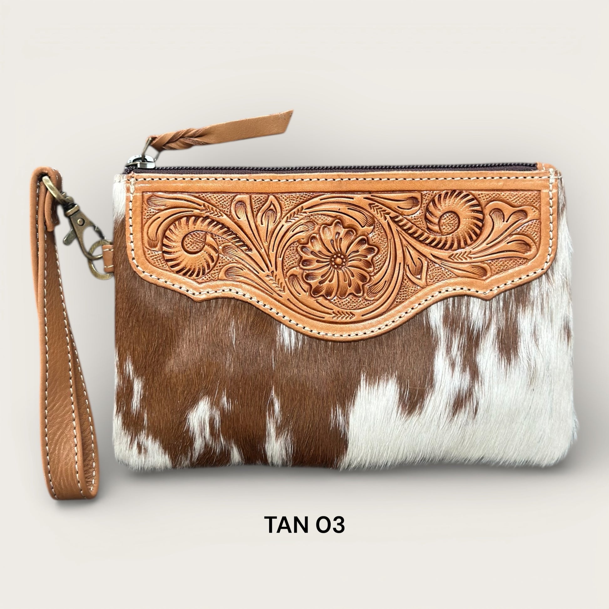 Tan and White Cowhide and Leather Clutch with Tooling Details