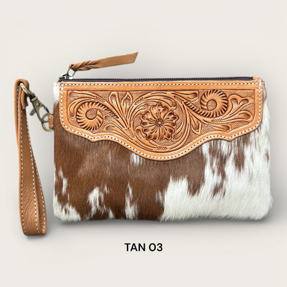 Tan and White Cowhide and Leather Clutch with Tooling Details