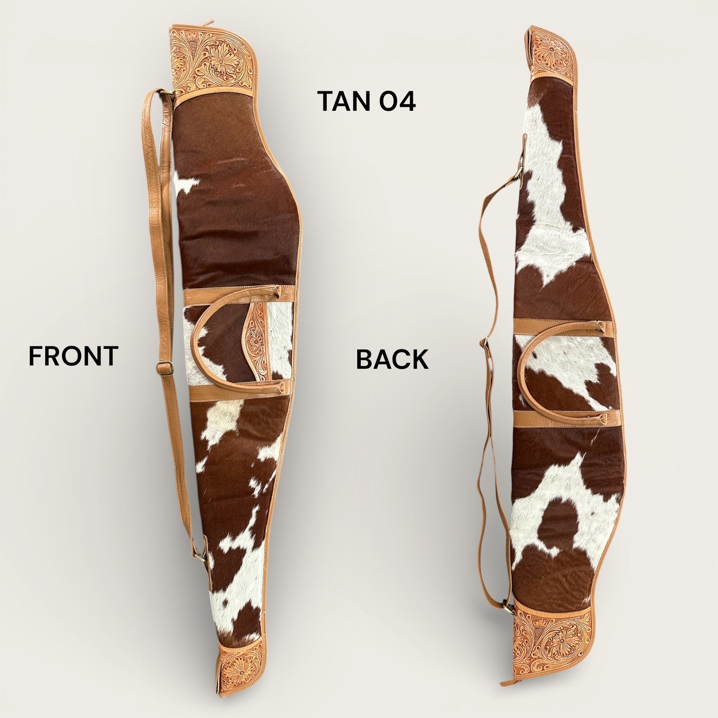 Cowhide and leather rifle gun bag in tan and white with tooling details