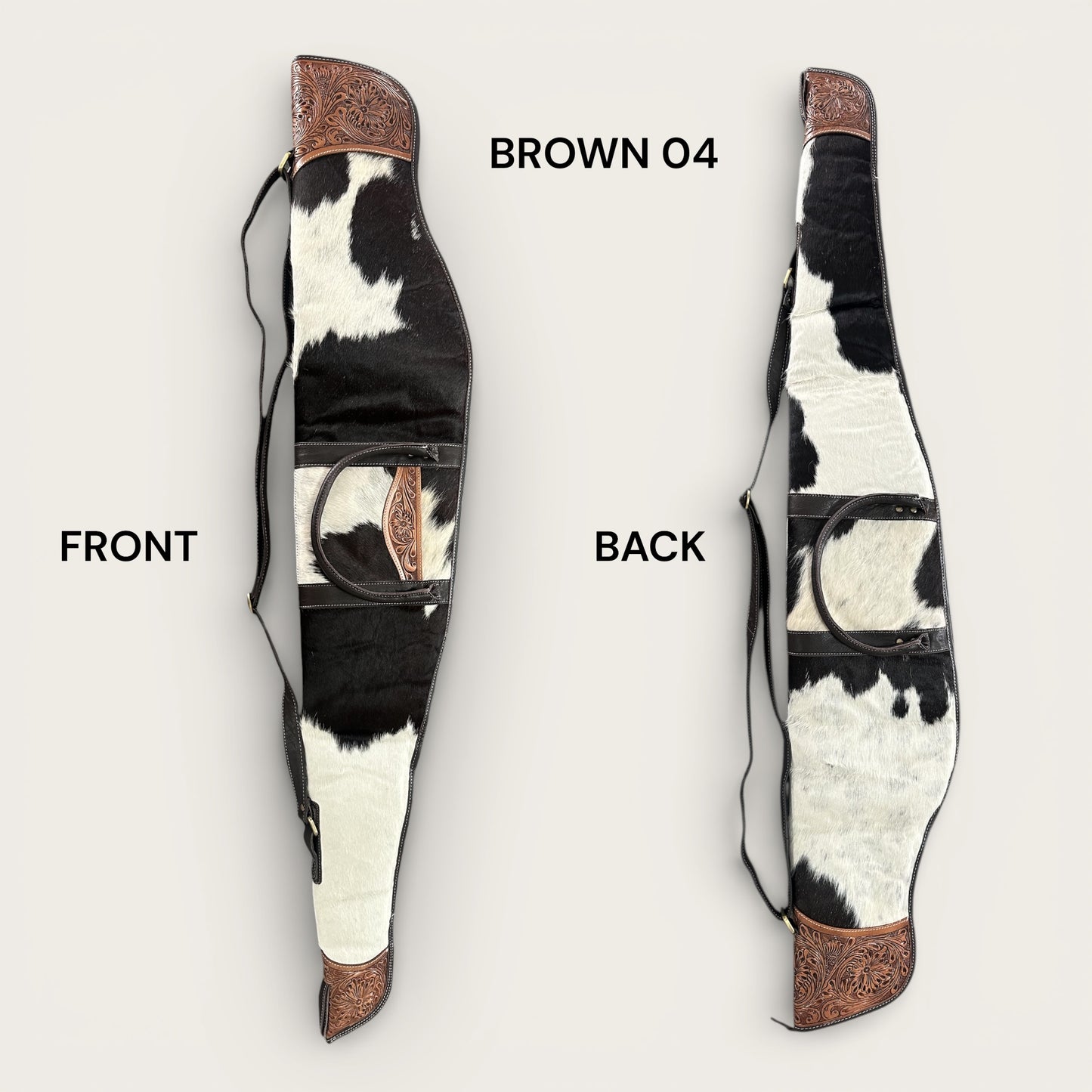Cowhide and leather rifle bag in brown and white 
