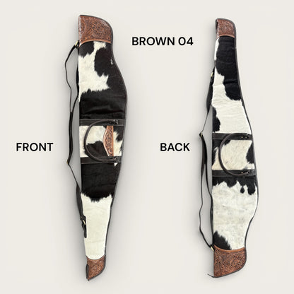 Cowhide and leather rifle bag in brown and white 