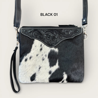 Black and White Cowhide and Leather Bag with Tooling Details 