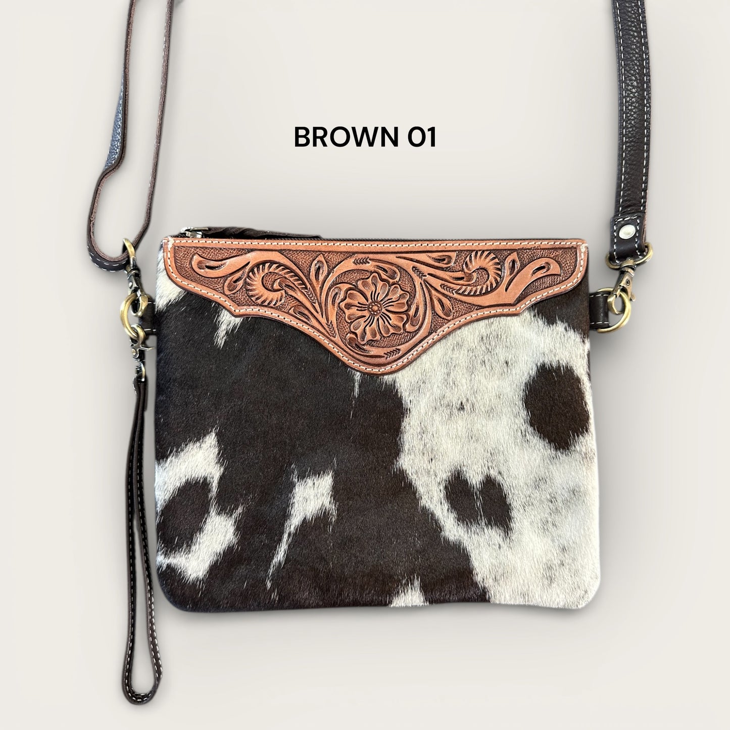 Brown and White Cowhide and Leather Back with Tooling Details