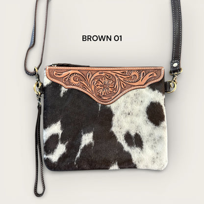 Brown and White Cowhide and Leather Back with Tooling Details