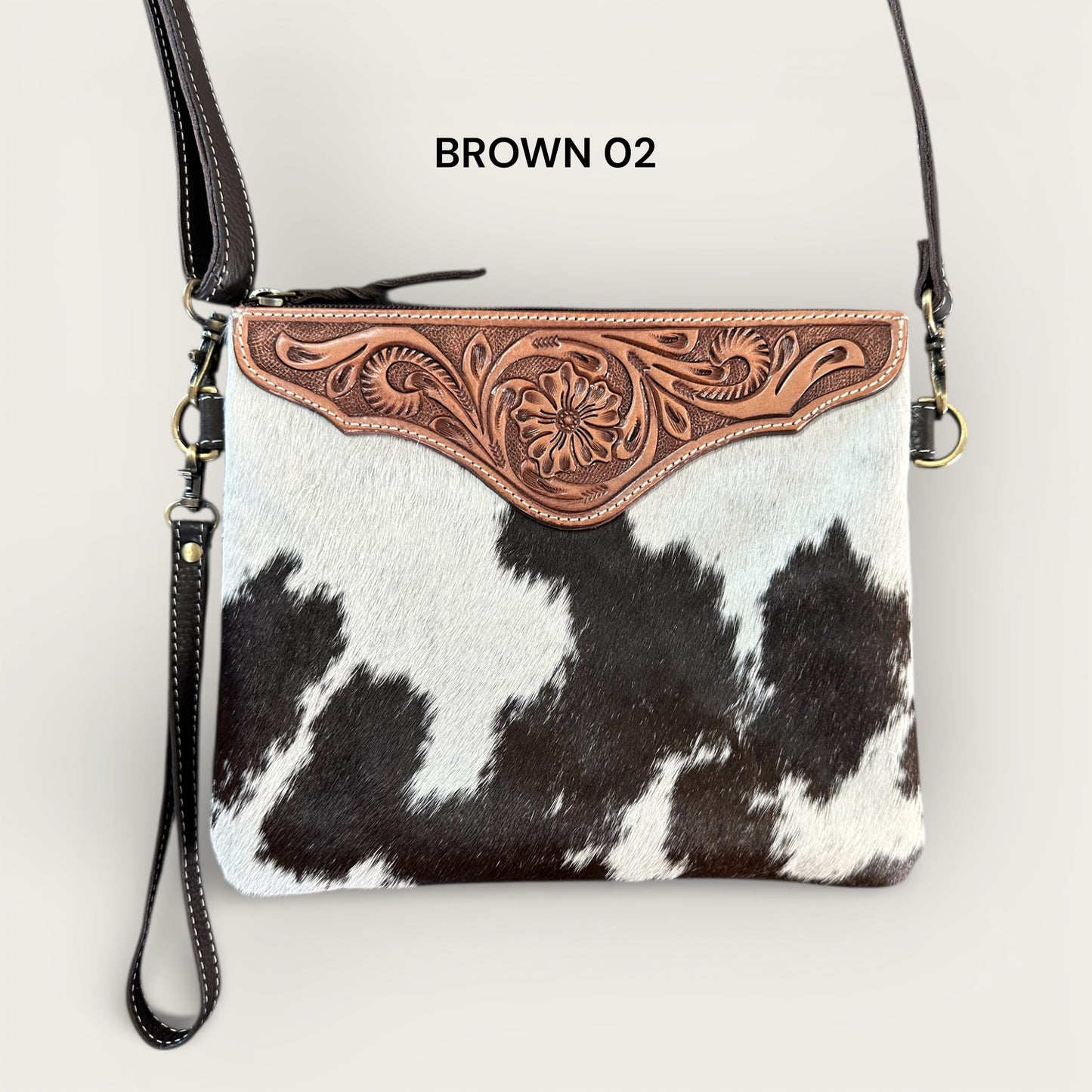Brown and White Cowhide and Leather Back with Tooling Details