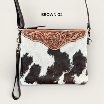 Brown and White Cowhide and Leather Back with Tooling Details