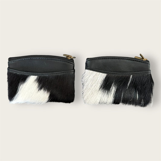 Black and White Cowhide and Leather Double Zip Purse