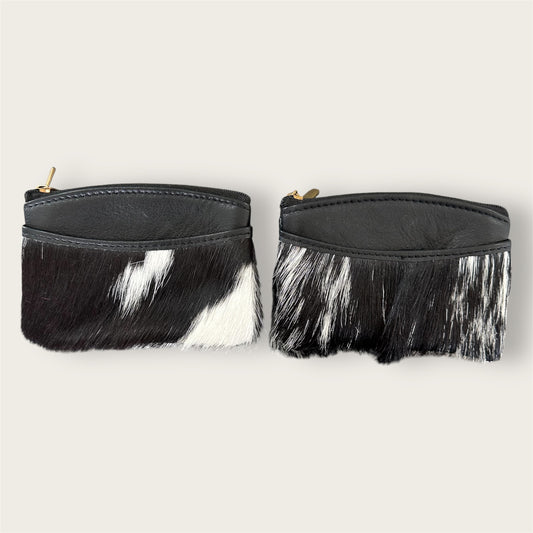 Black and White Cowhide and Leather Double Zip Purse