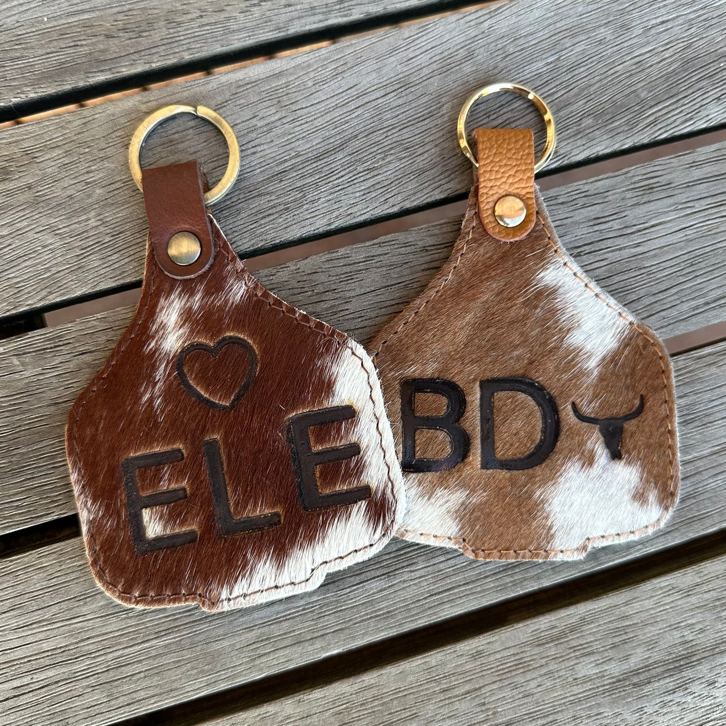 Extra large cowhide cattle tag keyring with hot iron branding 