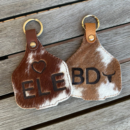 Extra large cowhide cattle tag keyring with hot iron branding 